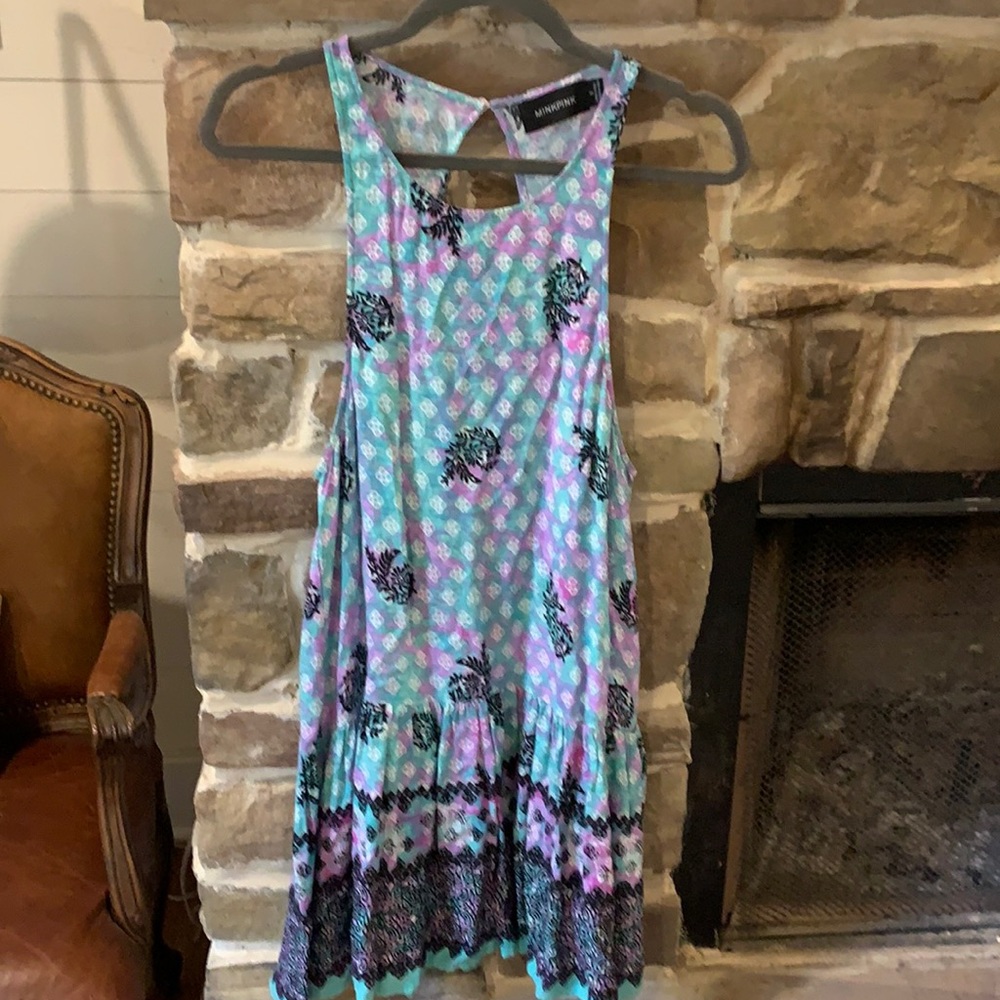 Mink pink sundress. Aqua/ lavender sleeveless, crew neck.